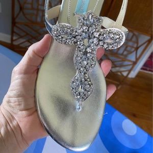 Betsey Johnson Silver Rhinestone Thong Flat Sandals